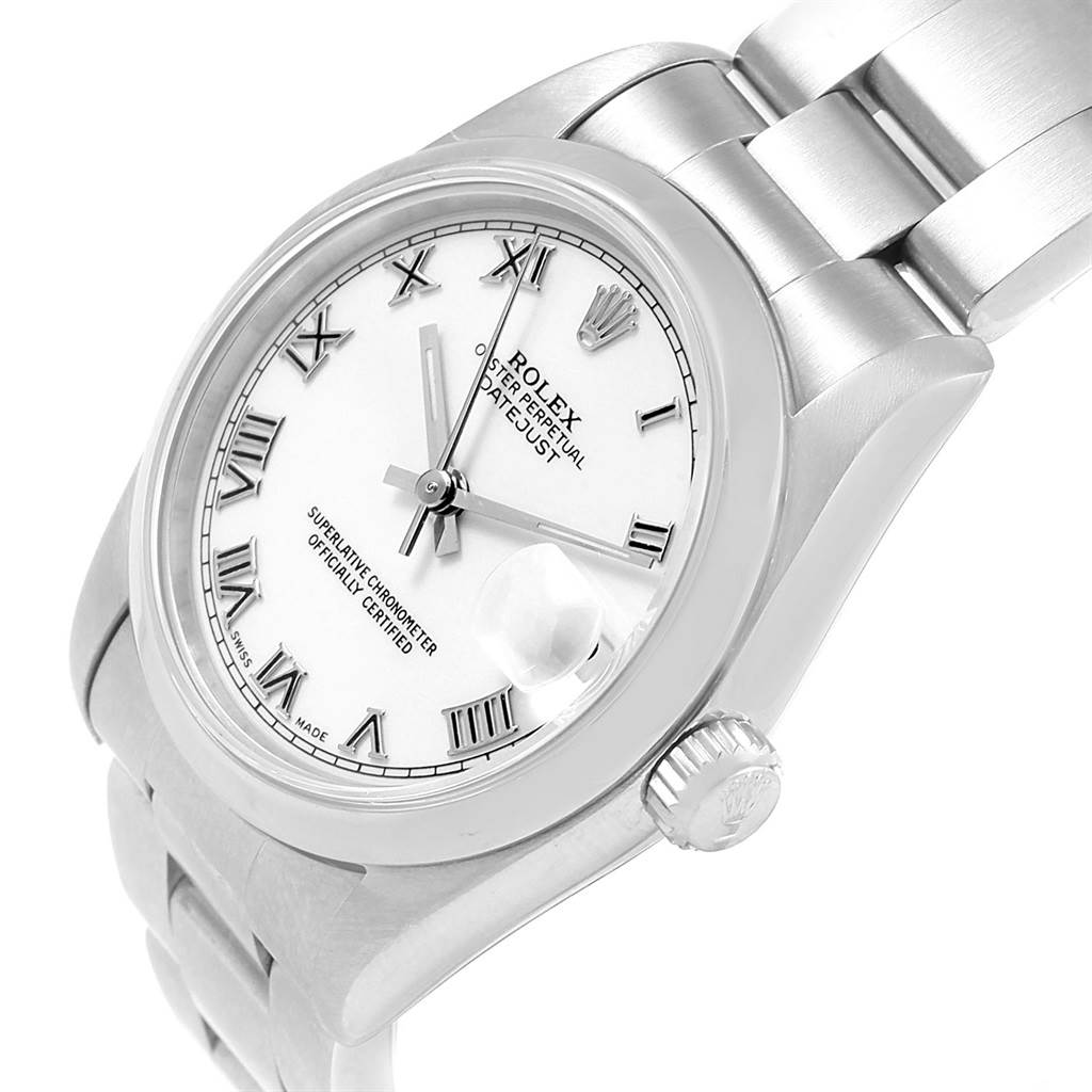 The image shows a Rolex Mid-Size 68240 Women's Stainless Steel White Dial 68240 Women's Stainless Steel White Dial Datejust watch at an angle, displaying the face, crown, and part of the bracelet.