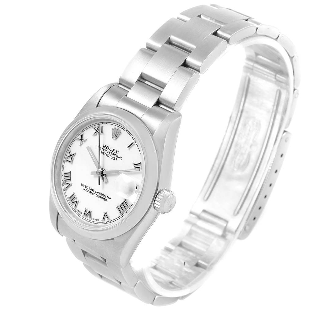 The image shows a side angle of a Rolex Mid-Size 68240 Women's Stainless Steel White Dial 68240 Women's Stainless Steel White Dial watch, highlighting the bracelet, dial, crown, and case.