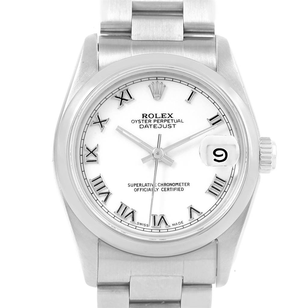 The image shows a Rolex Datejust Mid-Size model viewed from the front, highlighting its dial, bracelet, and date window.