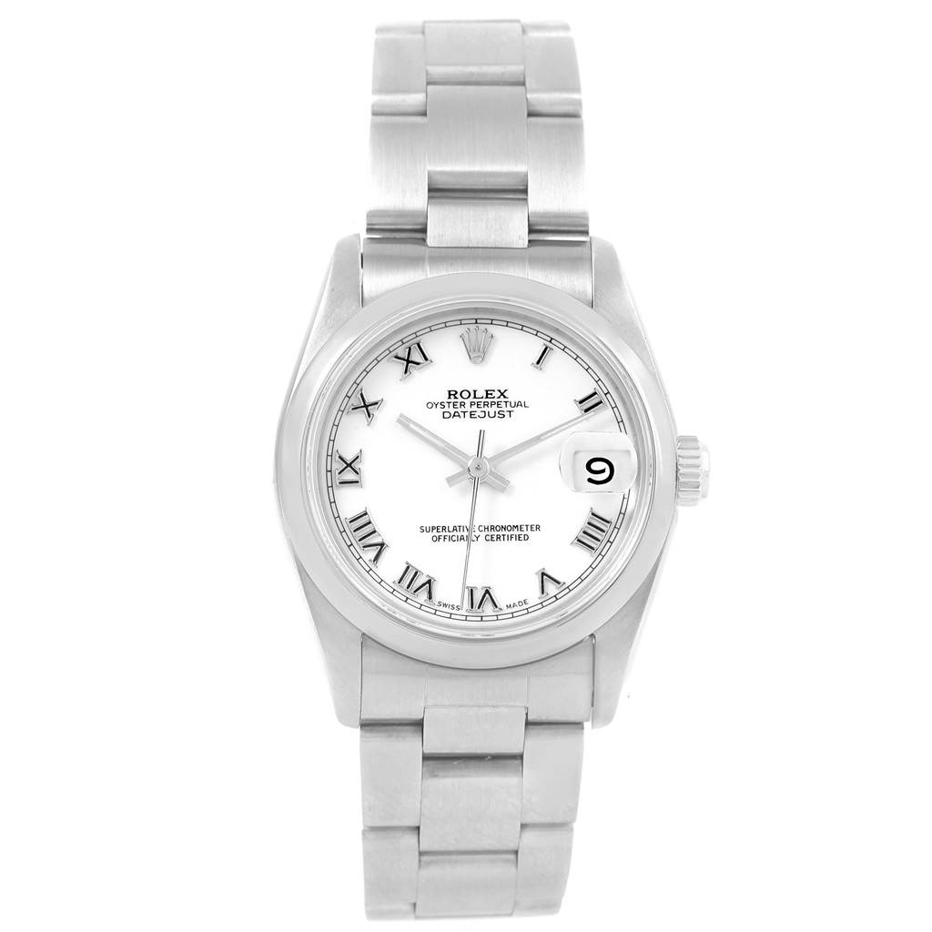 The image shows a front view of a Mid-Size Rolex Oyster Perpetual Datejust watch, displaying its white dial, Roman numerals, and metal bracelet.