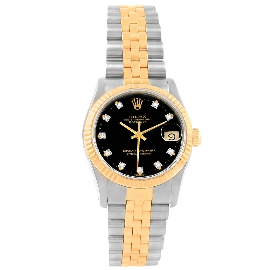 This image shows a frontal view of a Rolex Mid-Size 68273 Women's Steel and Gold (two tone) Black Dial 68273 Women's Steel and Gold (two tone) Black Dial Datejust watch with a black dial, fluted bezel, and two-tone bracelet. 