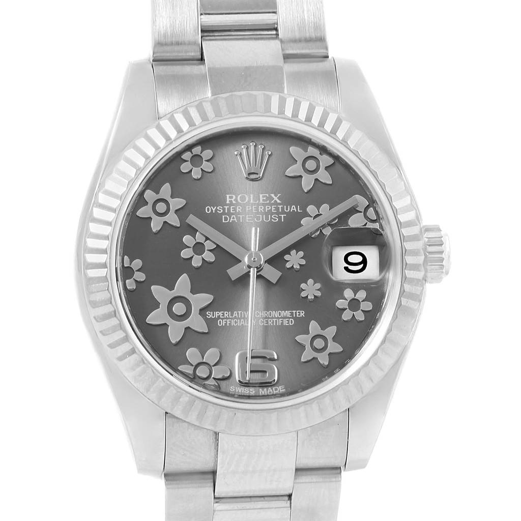 This image shows a frontal view of a Mid-Size Rolex Oyster Perpetual Datejust watch with a floral-patterned dial.