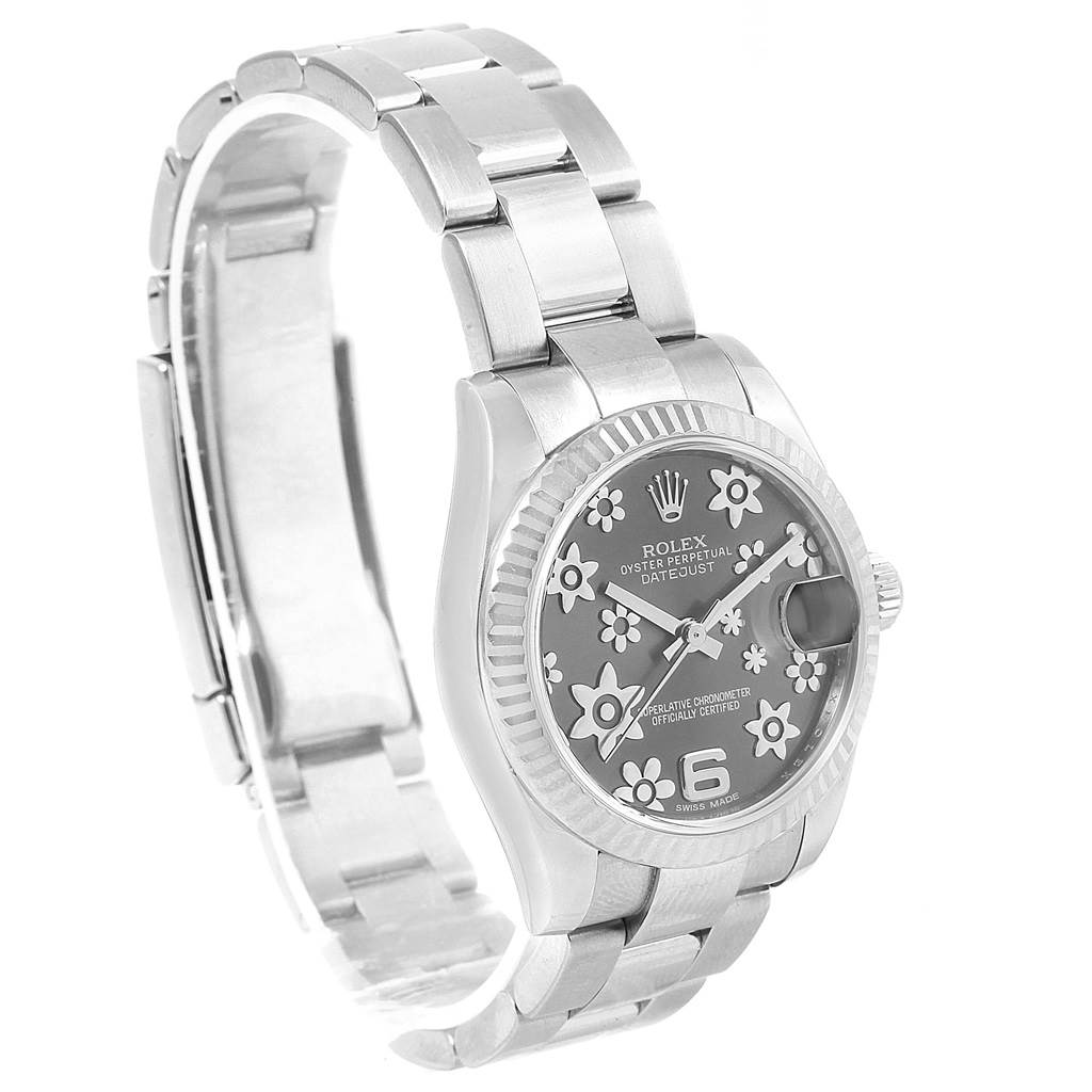 This is a frontal view of a Mid-Size Rolex Oyster Perpetual Datejust watch showing its face, bracelet, and side crown.