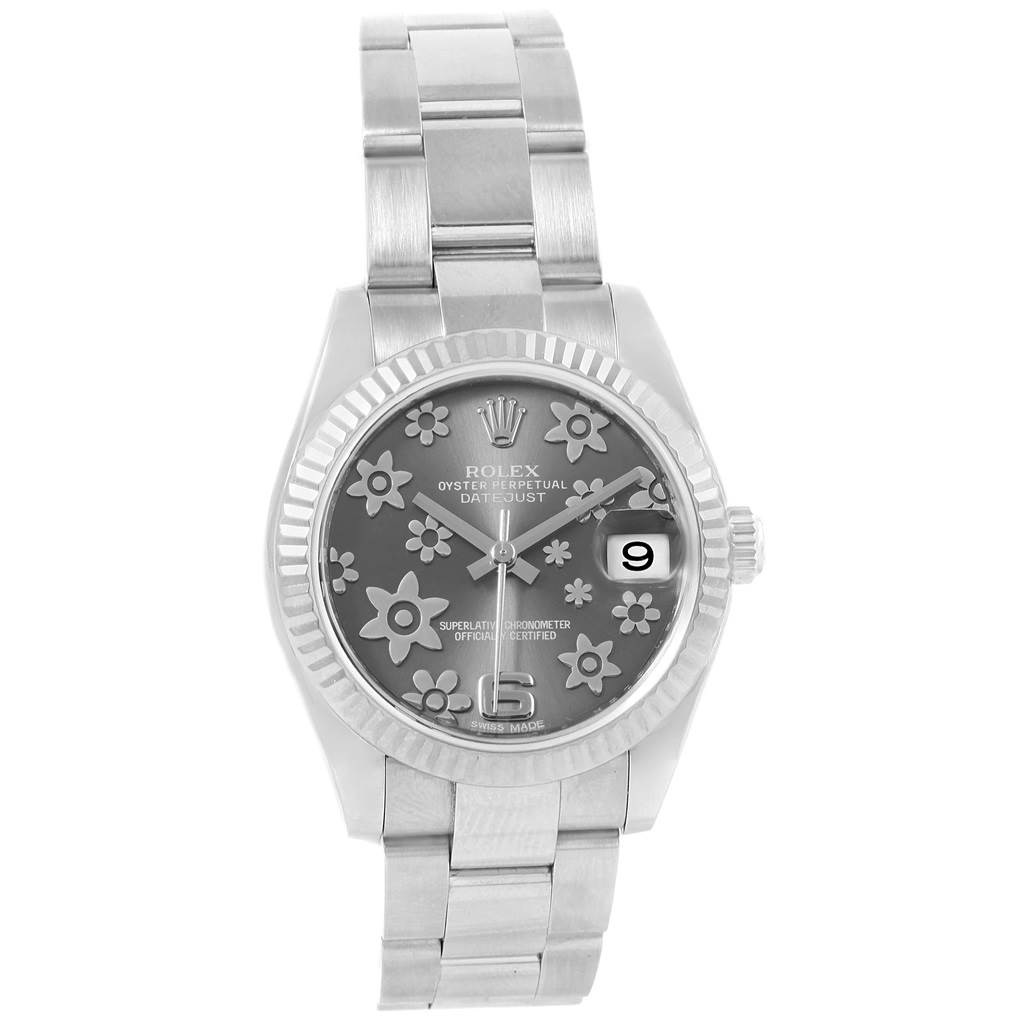 The image shows a front view of the Mid-Size Rolex Oyster Perpetual Datejust watch, displaying the dial, bezel, and bracelet.