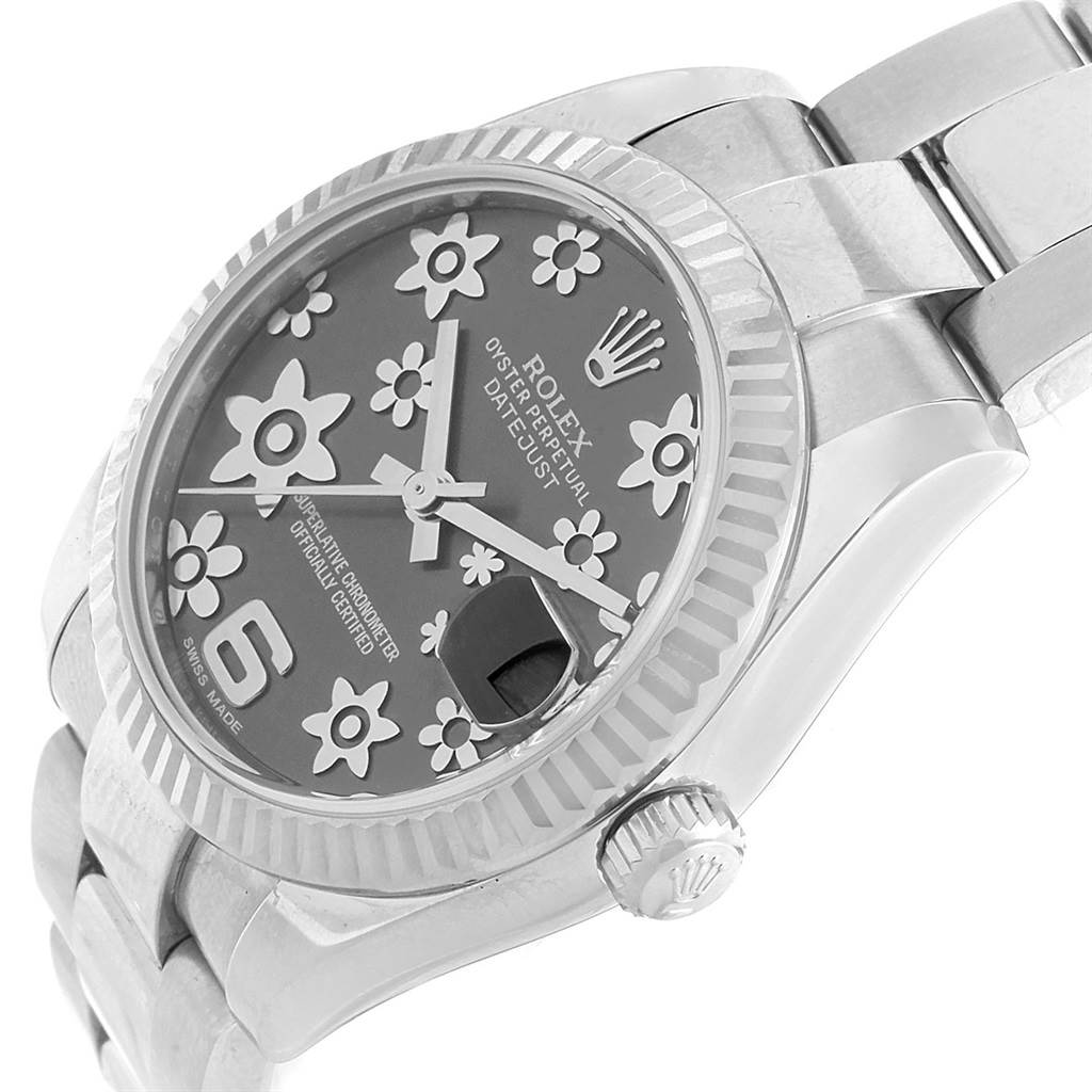 The image shows a side-angle view of a Rolex Mid-Size 178274 Women's Stainless Steel Grey Dial 178274 Women's Stainless Steel Grey Dial Oyster Perpetual Datejust watch, highlighting the dial, bezel, and part of the bracelet.