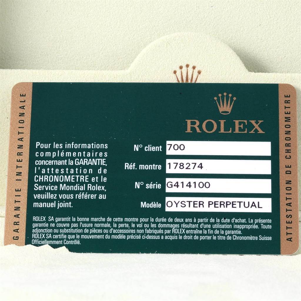 The image shows a warranty card for a Rolex Mid-Size 178274 Women's Stainless Steel Grey Dial 178274 Women's Stainless Steel Grey Dial Oyster Perpetual watch with model number 178274.