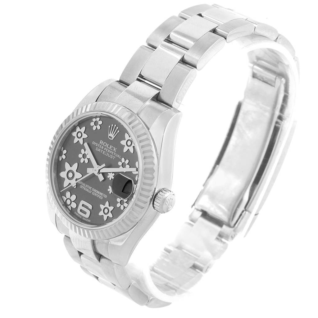 The image shows a Rolex Mid-Size 178274 Women's Stainless Steel Grey Dial 178274 Women's Stainless Steel Grey Dial model watch at a three-quarter angle, showcasing the dial, bezel, and bracelet.