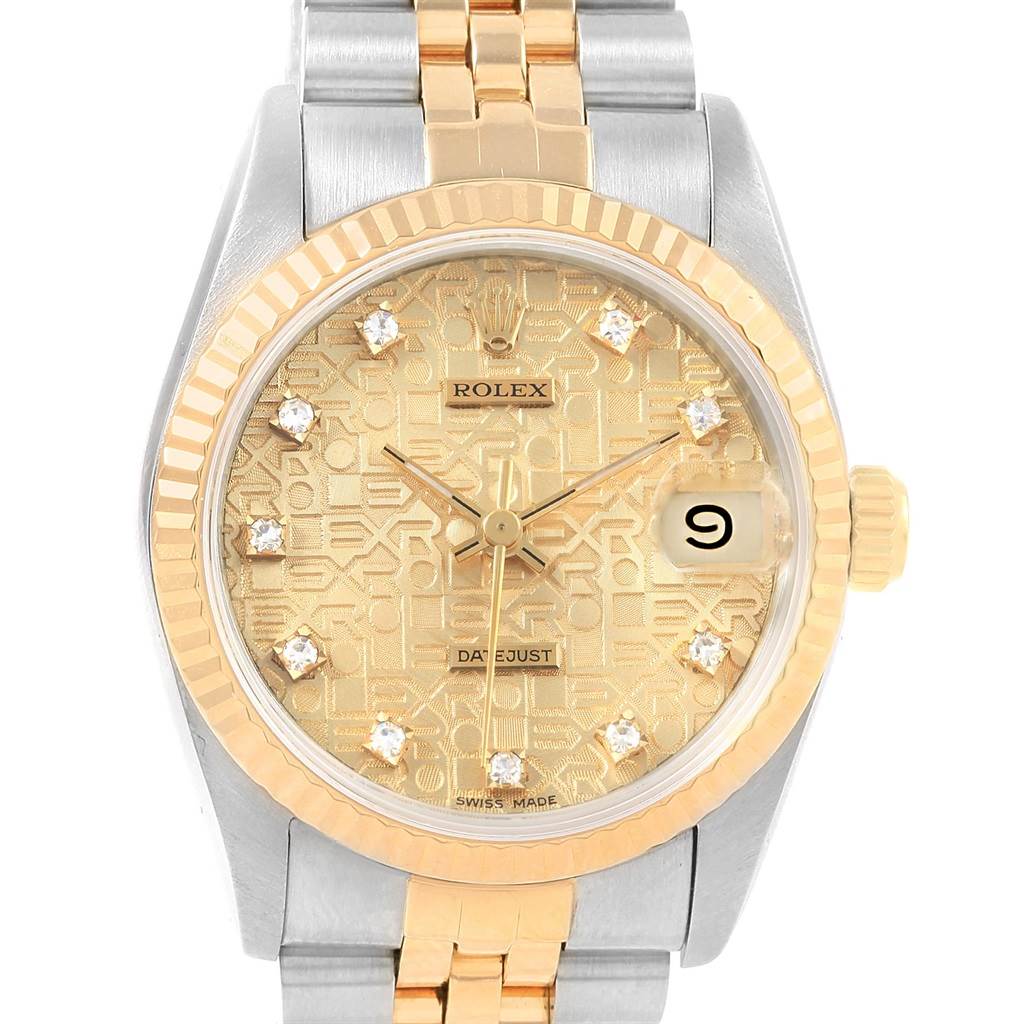 This image shows a frontal view of a Rolex Datejust Mid-Size watch, highlighting the dial, bezel, and part of the bracelet.