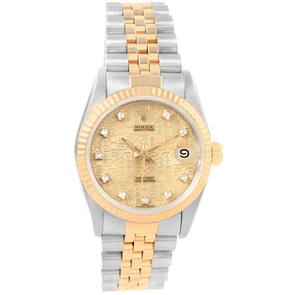 The image shows a front view of a Mid-Size Rolex Datejust watch, highlighting its dial, case, and two-tone bracelet.