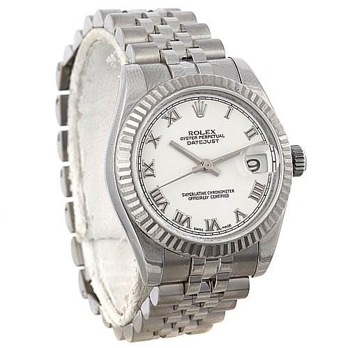 The image shows a Rolex Mid-Size 178274 Stainless Steel White Dial 178274 Stainless Steel White Dial Oyster Perpetual Datejust watch from a front angle, highlighting the dial, bezel, and bracelet.