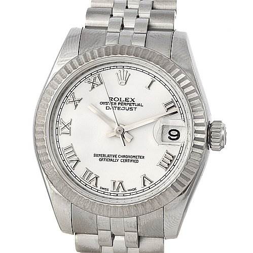 The image shows a front view of a Rolex Mid-Size 178274 Stainless Steel White Dial 178274 Stainless Steel White Dial Oyster Perpetual Datejust watch with a white dial, Roman numeral markers, and a Jubilee bracelet.