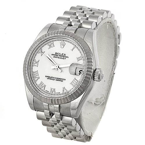 The Rolex Mid-Size 178274 Stainless Steel White Dial 178274 Stainless Steel White Dial watch is shown at an angle highlighting its face, bezel, crown, and band.