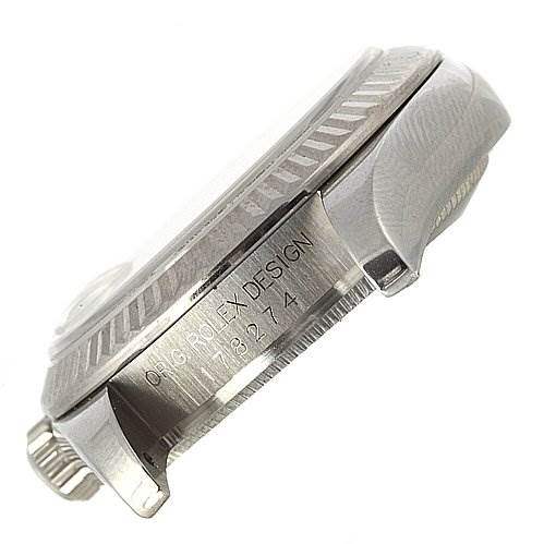 The image shows the side view of a Rolex Mid-Size 178274 Stainless Steel White Dial 178274 Stainless Steel White Dial watch case, highlighting the bezel, crown, and engraved model details.