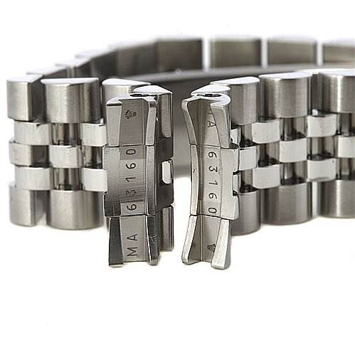 This image shows a close-up view of the clasp and links of a Rolex Mid-Size 178274 Stainless Steel White Dial 178274 Stainless Steel White Dial watch bracelet.