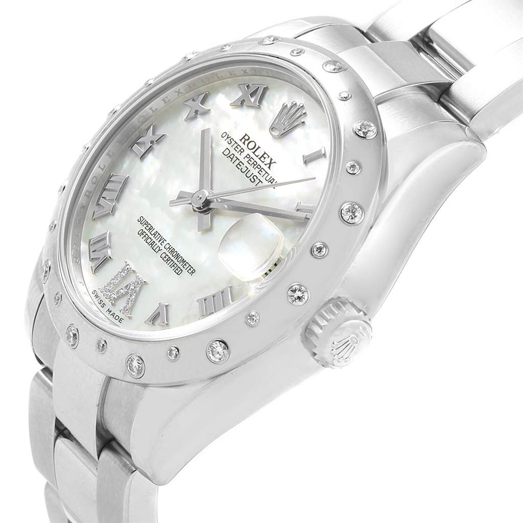 This image shows a side-angle view of a Rolex Mid-Size 178344 Women's Stainless Steel Mother of Pearl Dial 178344 Women's Stainless Steel Mother of Pearl Dial Datejust watch, highlighting the bezel, dial, and part of the bracelet.