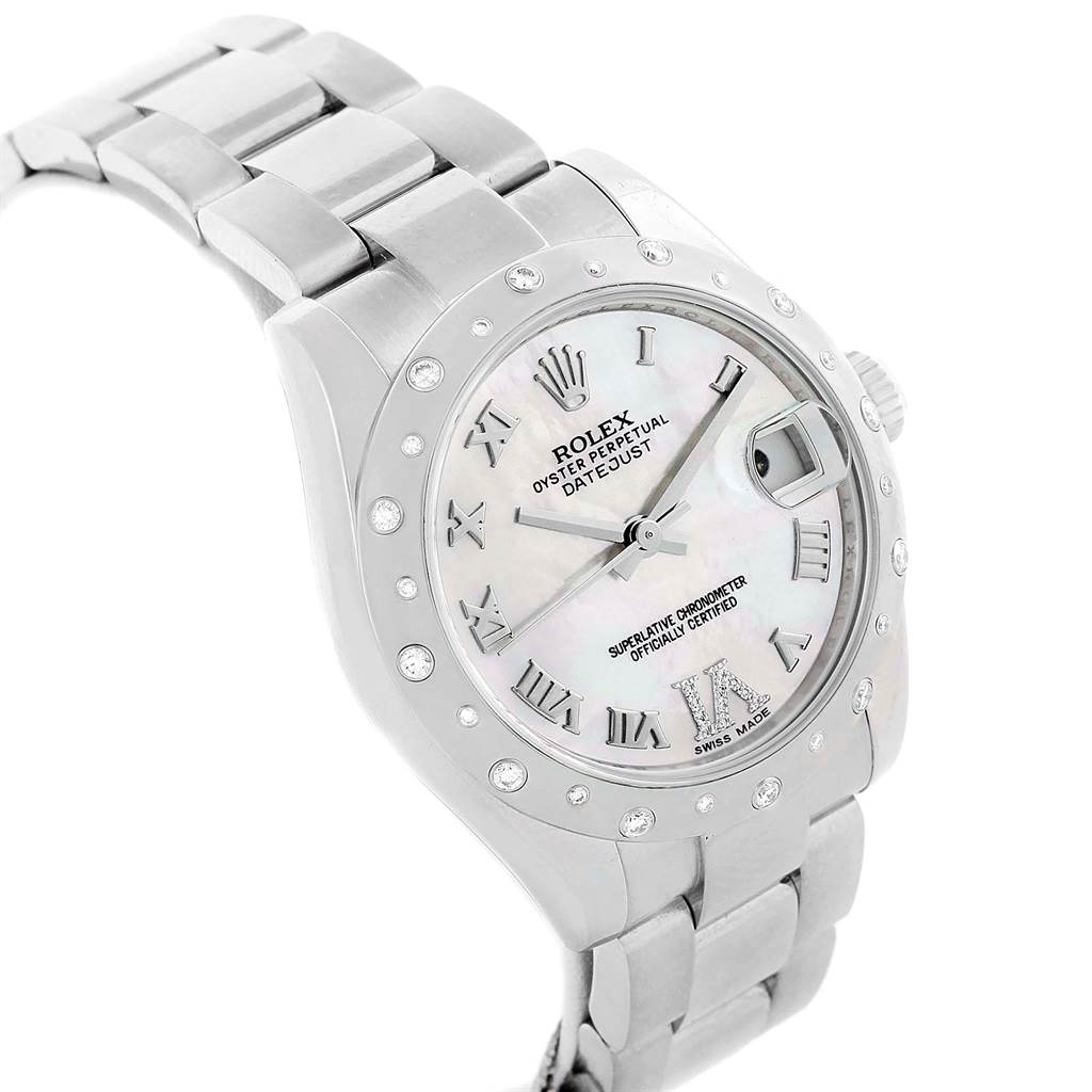 The image shows a Rolex Mid-Size 178344 Women's Stainless Steel Mother of Pearl Dial 178344 Women's Stainless Steel Mother of Pearl Dial Datejust watch at an angled view, displaying its bracelet, bezel, and face with Roman numerals.