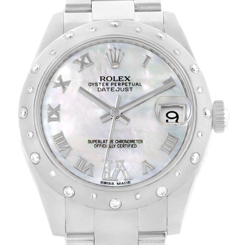 The image displays a front view of a Rolex Oyster Perpetual Datejust Mid-Size watch, showcasing the dial, bezel, and part of the bracelet.