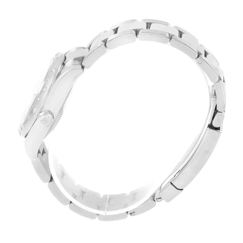 This image shows a side profile of a Mid-Size Rolex watch, highlighting the bracelet, case, and crown.