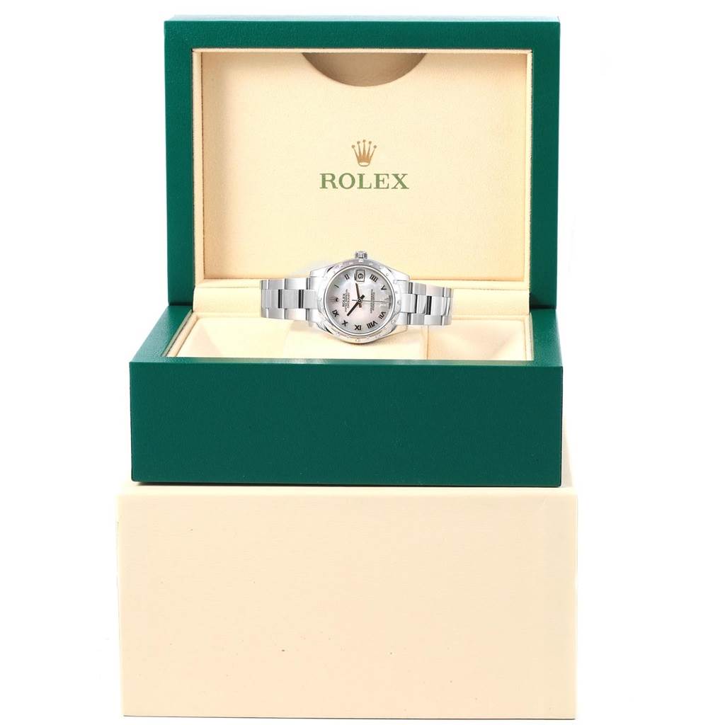 The Rolex Mid-Size 178344 Women's Stainless Steel Mother of Pearl Dial 178344 Women's Stainless Steel Mother of Pearl Dial model watch is shown front-facing in its open green and beige box.