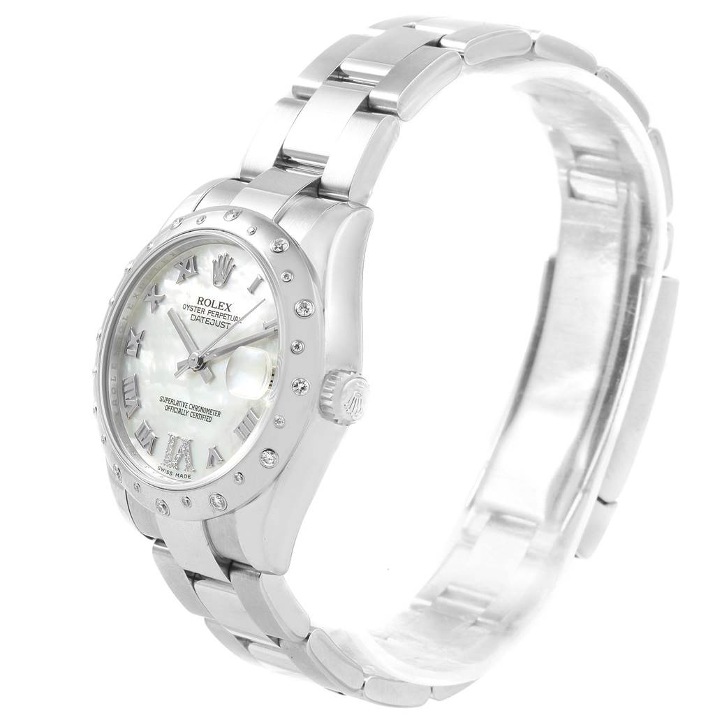This image shows a Rolex Mid-Size 178344 Women's Stainless Steel Mother of Pearl Dial 178344 Women's Stainless Steel Mother of Pearl Dial Oyster Perpetual Datejust watch at a three-quarter angle, highlighting the face, bezel, and bracelet.