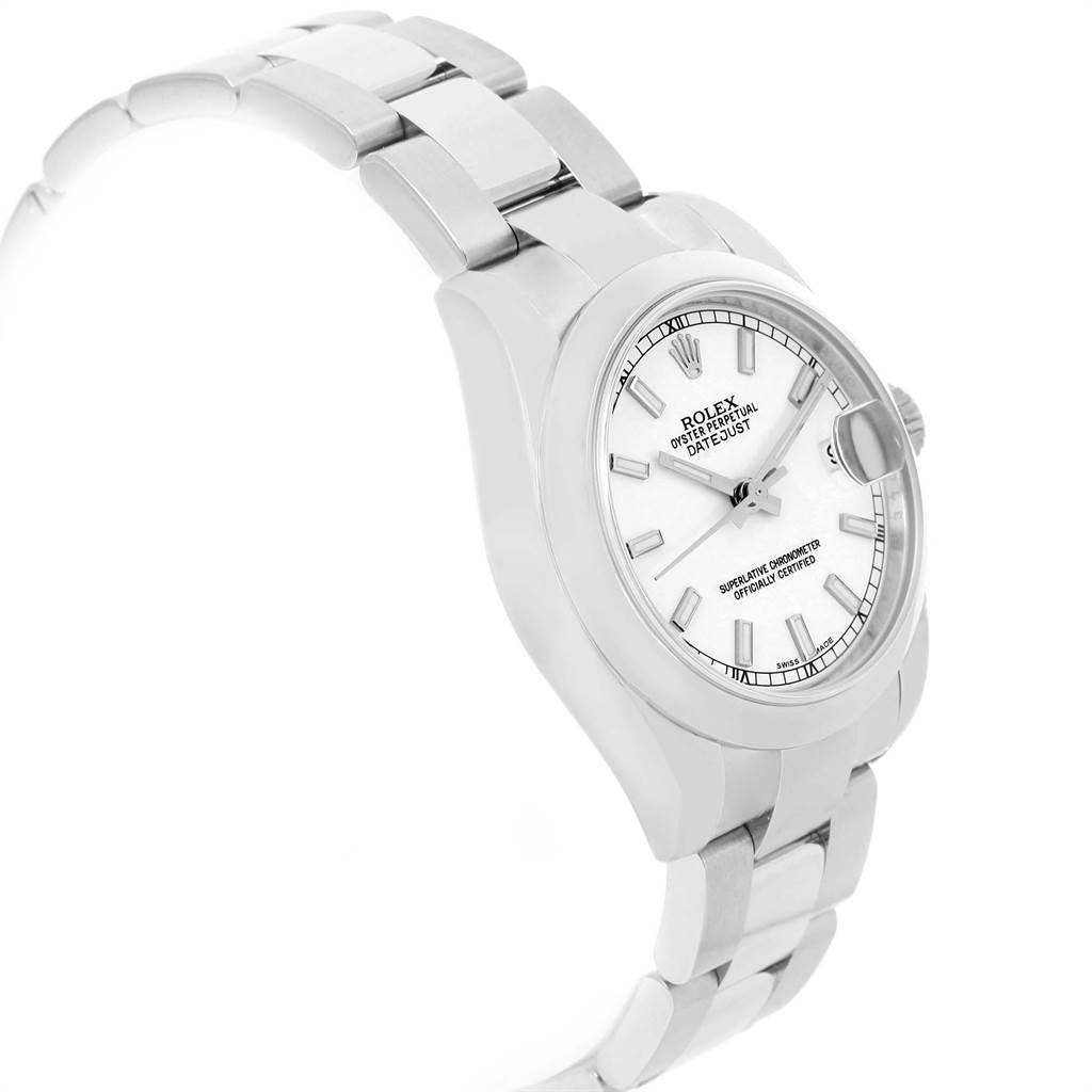 The image shows a side angle view of a Rolex Mid-Size 178240 Women's Stainless Steel White Dial 178240 Women's Stainless Steel White Dial Oyster Perpetual Datejust watch, displaying its bracelet and face.