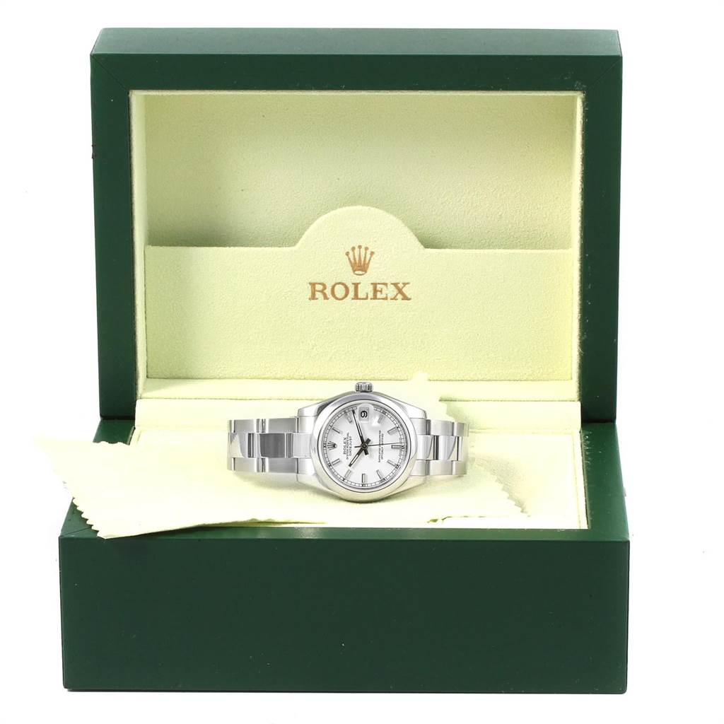 The Rolex Mid-Size 178240 Women's Stainless Steel White Dial 178240 Women's Stainless Steel White Dial model watch is shown from the front, displayed inside its open green and beige box.