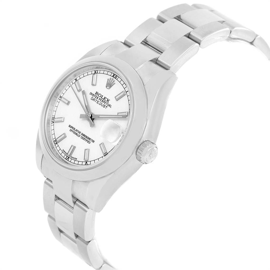 The image shows a Rolex Mid-Size 178240 Women's Stainless Steel White Dial 178240 Women's Stainless Steel White Dial Datejust watch at a slight angle, highlighting the face, crown, and part of the bracelet.