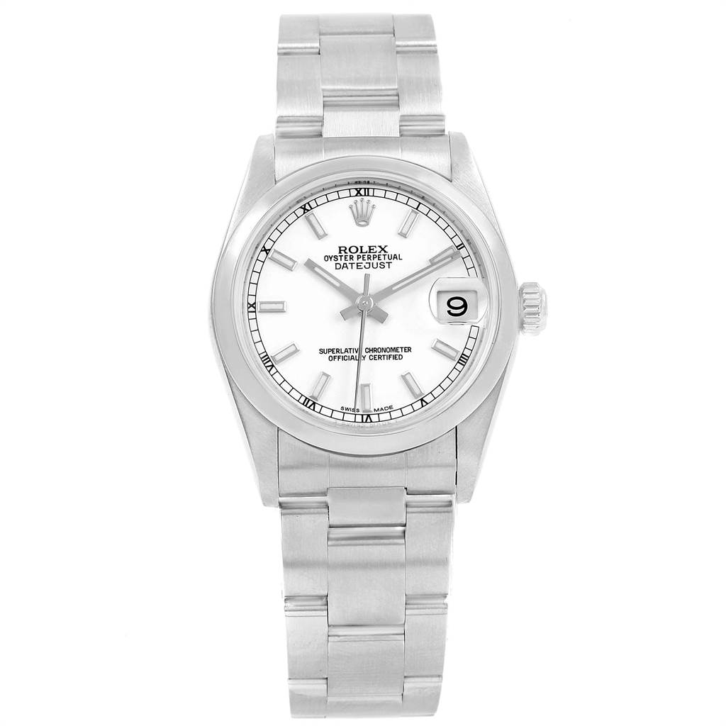 The image shows a front view of a Rolex Mid-Size 178240 Women's Stainless Steel White Dial 178240 Women's Stainless Steel White Dial Oyster Perpetual Datejust watch, displaying the dial, bracelet, and clasp.