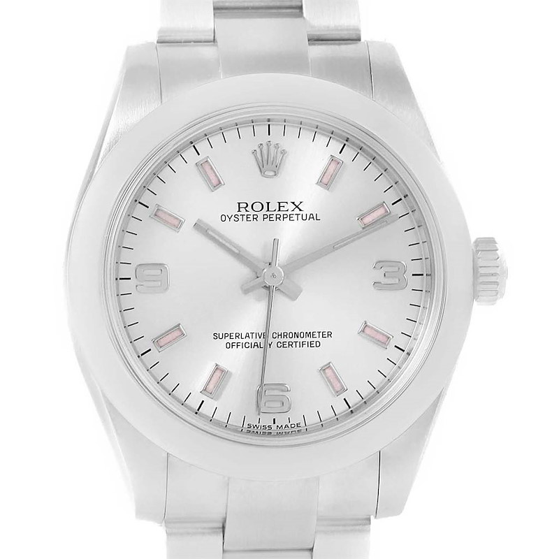 Rolex Midsize 31 Silver Dial Pink Hour Markers Steel Ladies Watch 177200 SwissWatchExpo