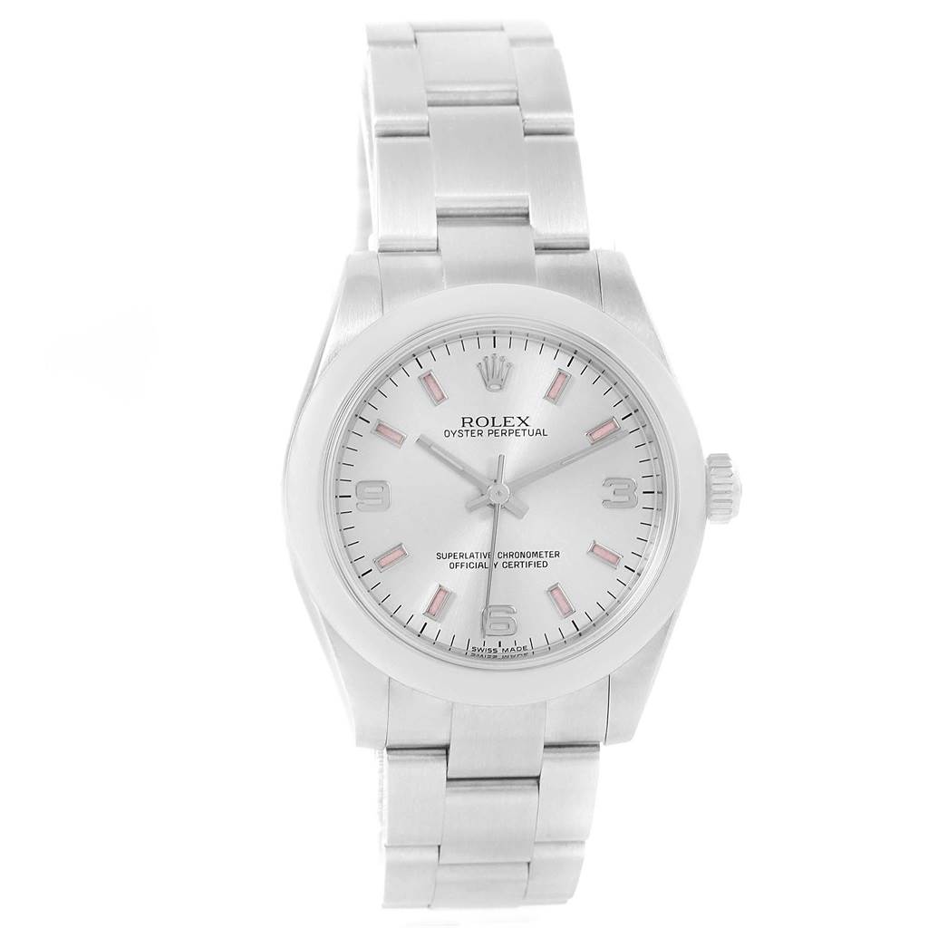 The Rolex Mid-Size 177200 Women's Stainless Steel Silver Dial 177200 Women's Stainless Steel Silver Dial model is shown from a front angle, displaying the dial, case, crown, and part of the bracelet.