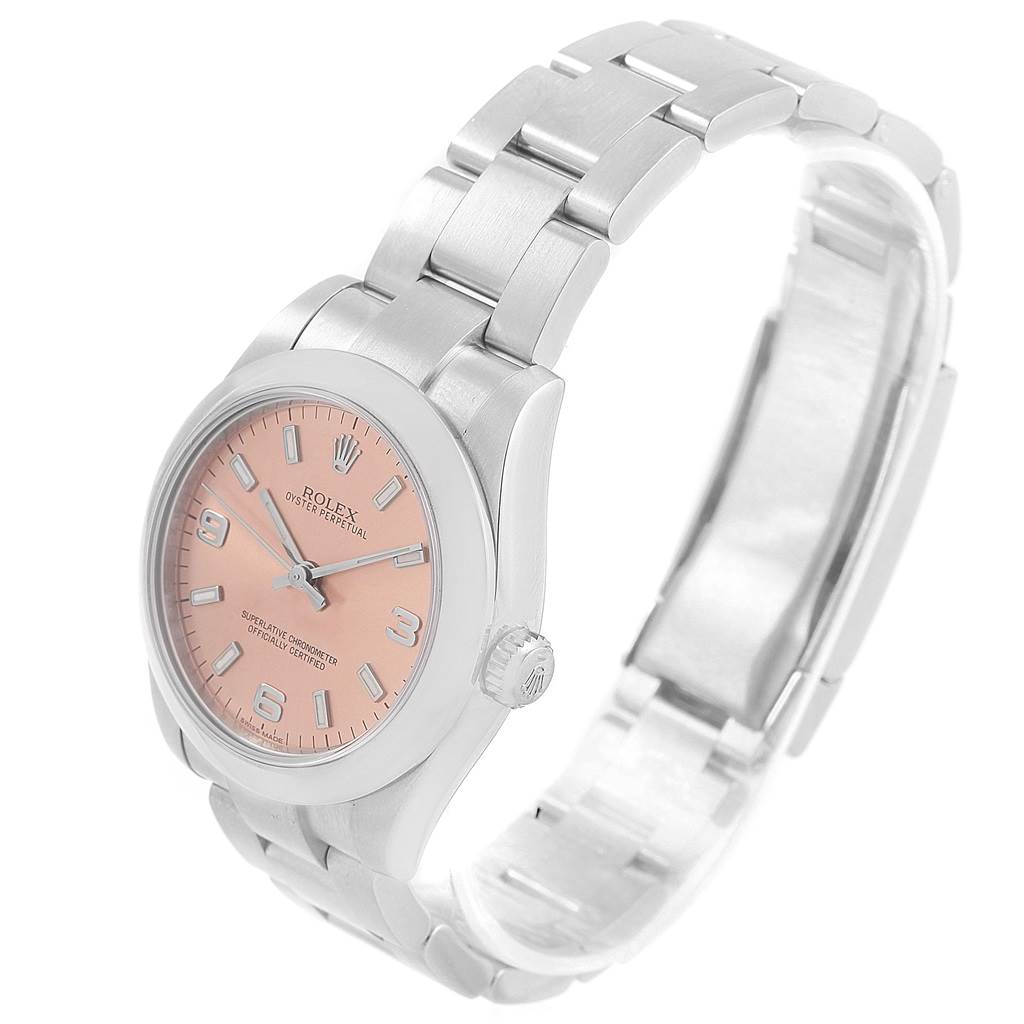 This image shows a Rolex Mid-Size 177200 Women's Stainless Steel Pink Dial 177200 Women's Stainless Steel Pink Dial model watch featuring a pink dial and a metal bracelet at a slight angle.