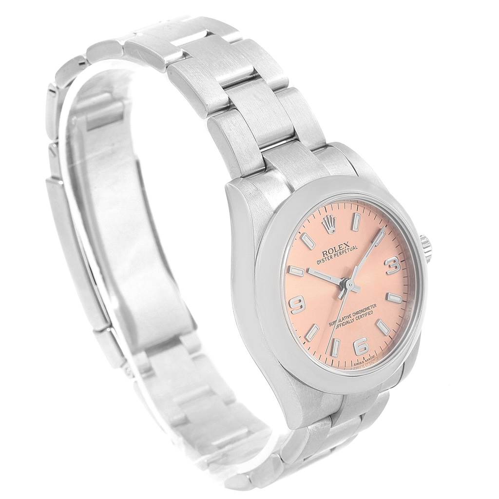 This image displays a Rolex Mid-Size 177200 Women's Stainless Steel Pink Dial 177200 Women's Stainless Steel Pink Dial watch at a three-quarter angle, highlighting the face, bezel, and part of the bracelet.