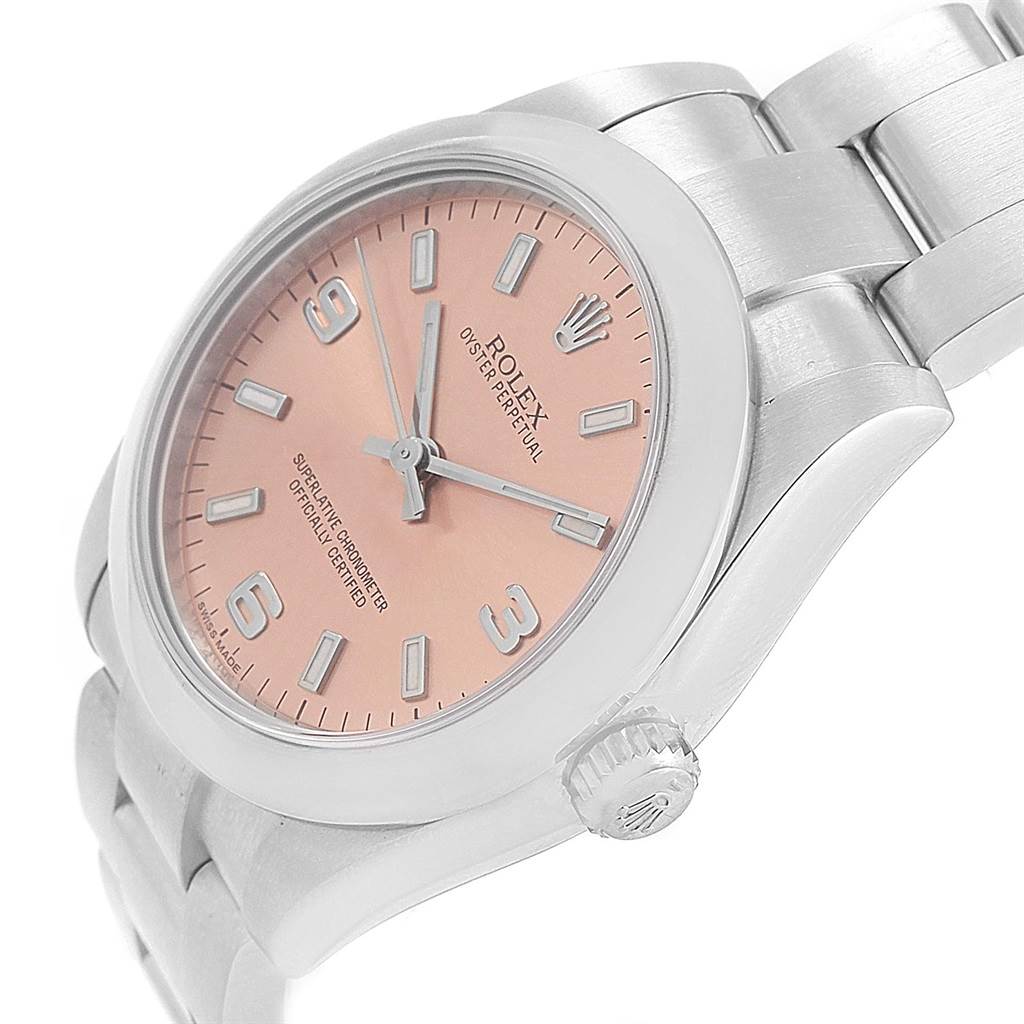 The image shows a side angle of the Rolex Mid-Size 177200 Women's Stainless Steel Pink Dial 177200 Women's Stainless Steel Pink Dial watch, highlighting the dial, crown, and bracelet.