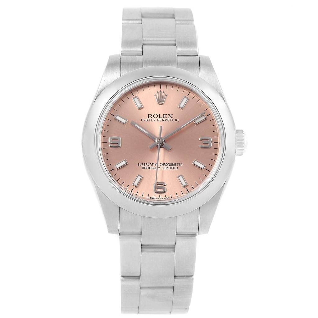 This Rolex Oyster Perpetual Mid-Size watch is shown from a front angle, highlighting its face, dial, bezel, case, and bracelet.