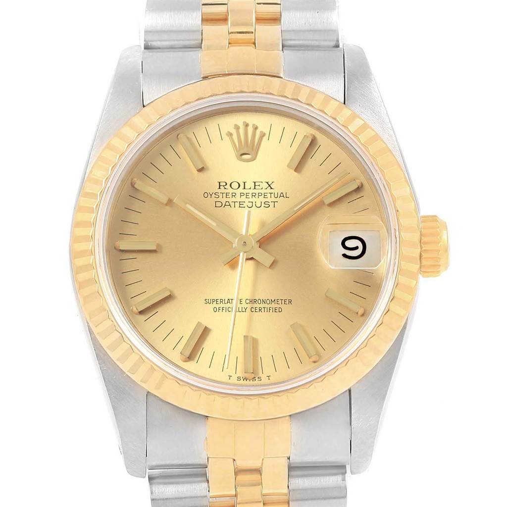 This is a front view of a Rolex Oyster Perpetual Datejust Mid-Size watch, showing its dial, bezel, and parts of the bracelet.