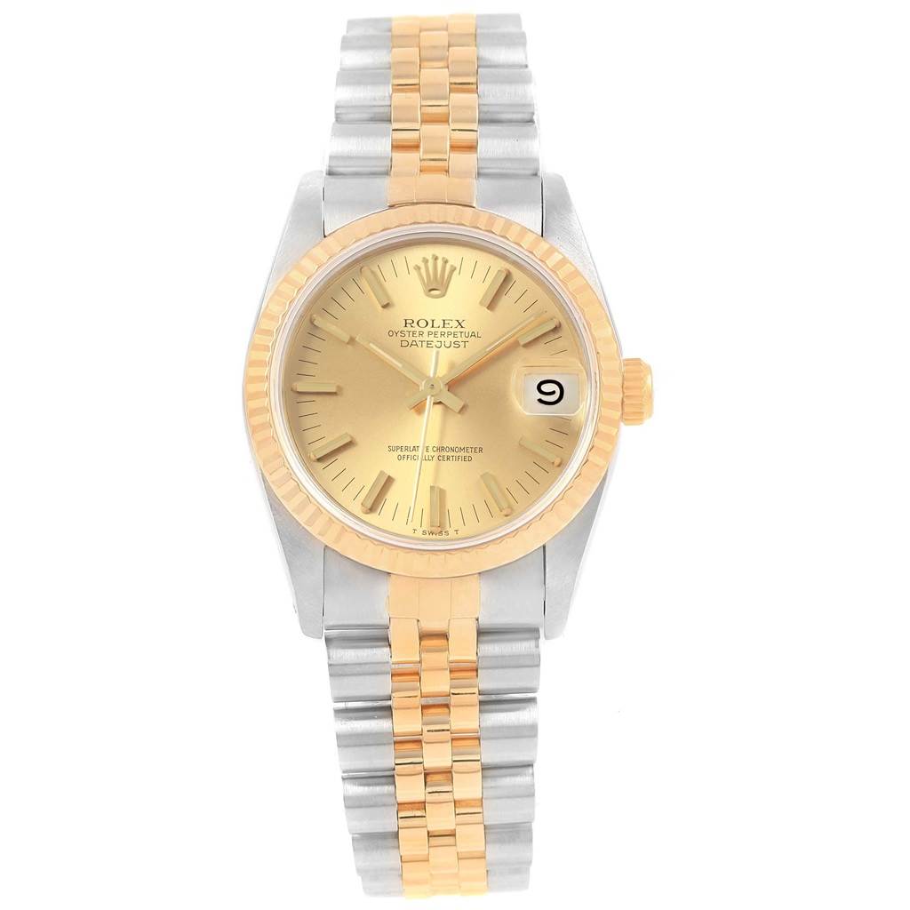 The Rolex Mid-Size 68273 Women's Steel and Gold (two tone) Champagne Dial 68273 Women's Steel and Gold (two tone) Champagne Dial Oyster Perpetual Datejust watch is shown from a top-down angle, displaying the dial, bezel, case, and bracelet.