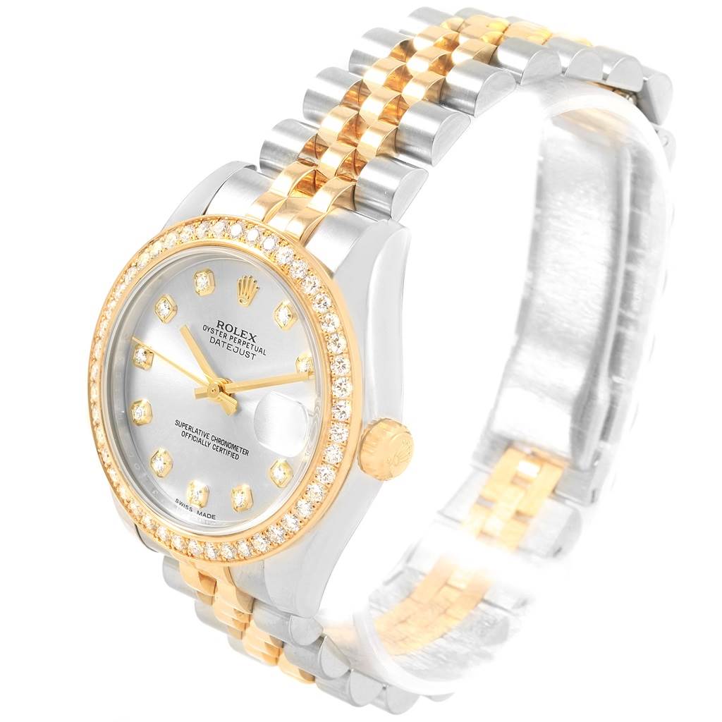The Rolex Mid-Size 178383 Women's Steel and Gold (two tone) Silver Dial 178383 Women's Steel and Gold (two tone) Silver Dial watch is shown from a slightly tilted angle, displaying its face, bezel, crown, and part of the bracelet.
