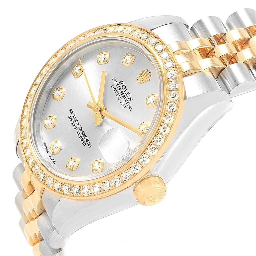 The image displays a close-up angle of the Rolex Mid-Size 178383 Women's Steel and Gold (two tone) Silver Dial 178383 Women's Steel and Gold (two tone) Silver Dial Datejust, showcasing the dial, bezel, and part of the bracelet.