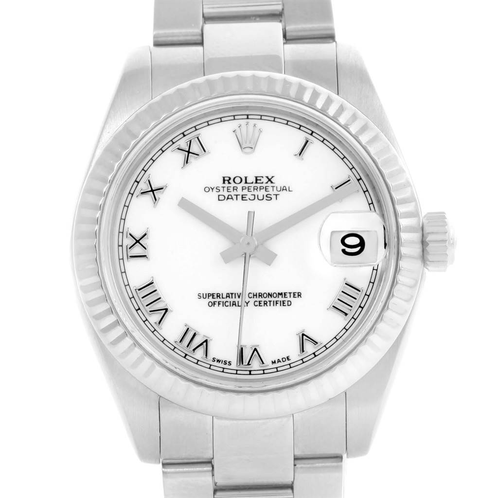 The image shows a frontal view of the Rolex Mid-Size 178274 Men's Stainless Steel White Dial 178274 Men's Stainless Steel White Dial Datejust watch, highlighting its white dial, Roman numerals, and date window.