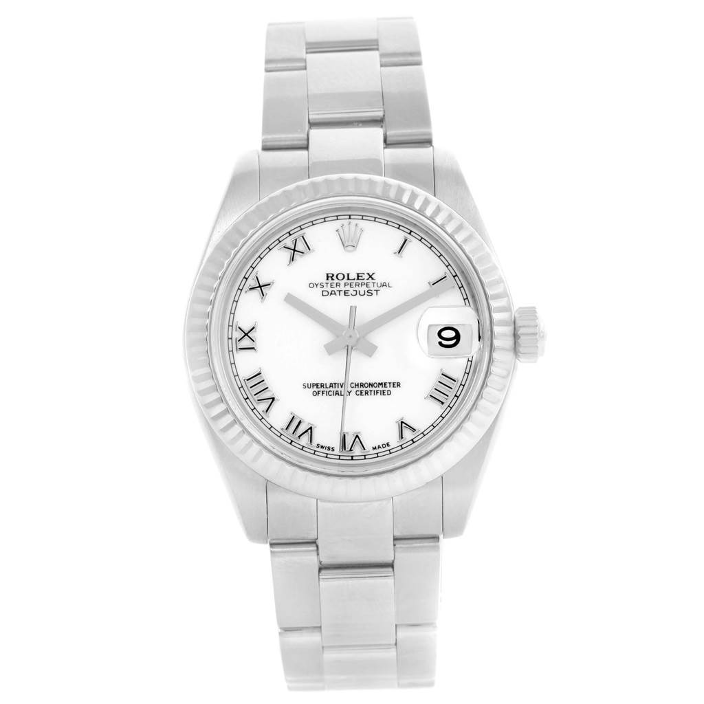 The image shows a front view of a Rolex Oyster Perpetual Datejust Mid-Size watch, displaying the dial, bracelet, and date window.