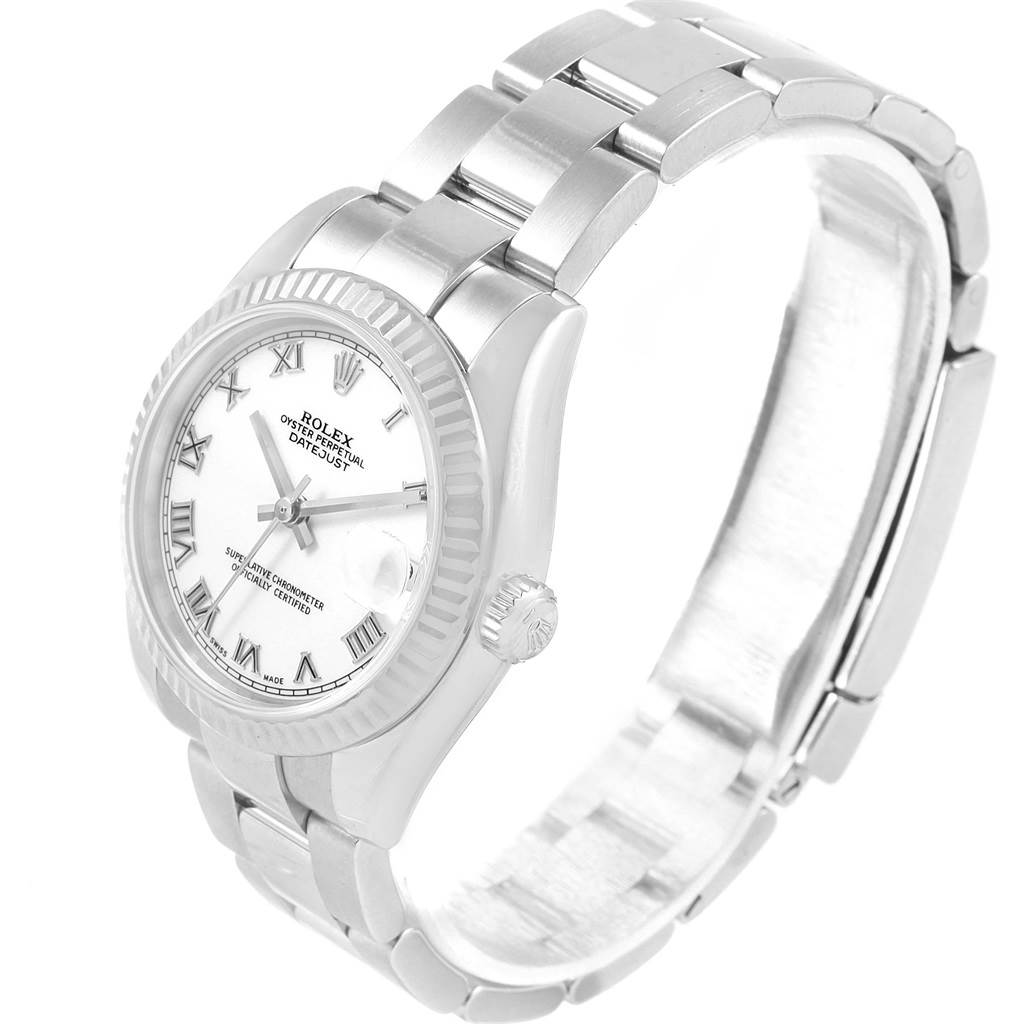 The image shows a Rolex Mid-Size 178274 Men's Stainless Steel White Dial 178274 Men's Stainless Steel White Dial Oyster Perpetual Datejust watch at a three-quarter angle, highlighting the dial, bezel, and bracelet.