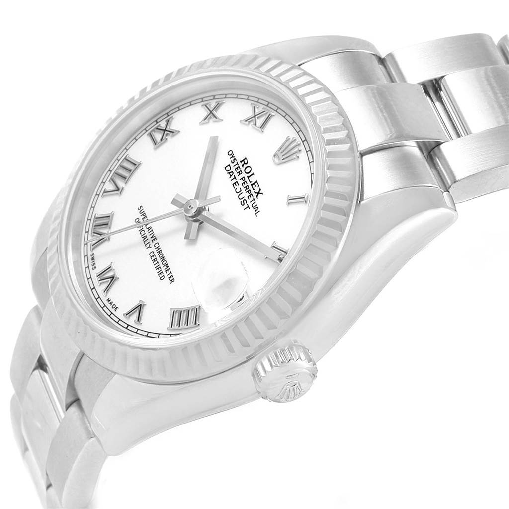 The image shows a Rolex Mid-Size 178274 Men's Stainless Steel White Dial 178274 Men's Stainless Steel White Dial watch at a slightly angled side view, highlighting the face, bezel, crown, and part of the bracelet.