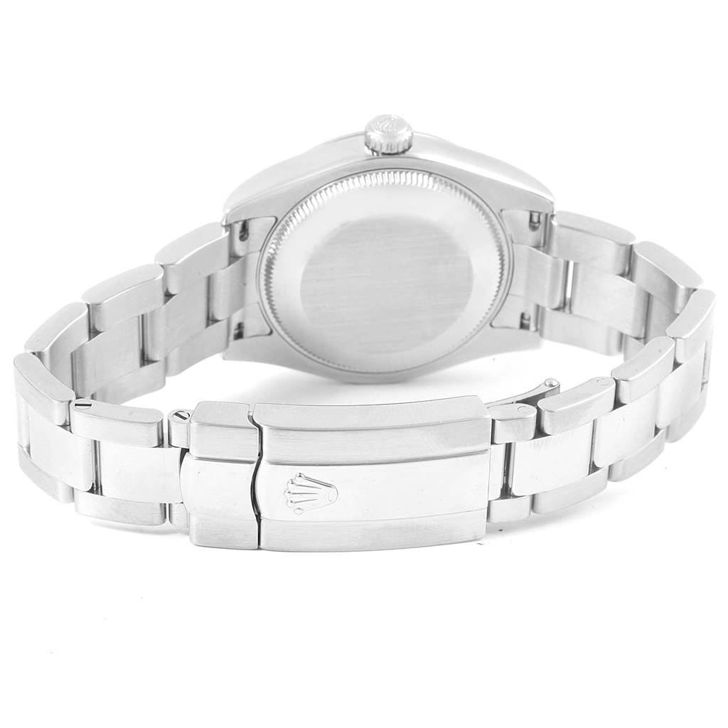 The image shows the back and clasp of a Rolex Mid-Size 178274 Men's Stainless Steel White Dial 178274 Men's Stainless Steel White Dial model watch from an angle focused on its stainless steel bracelet.