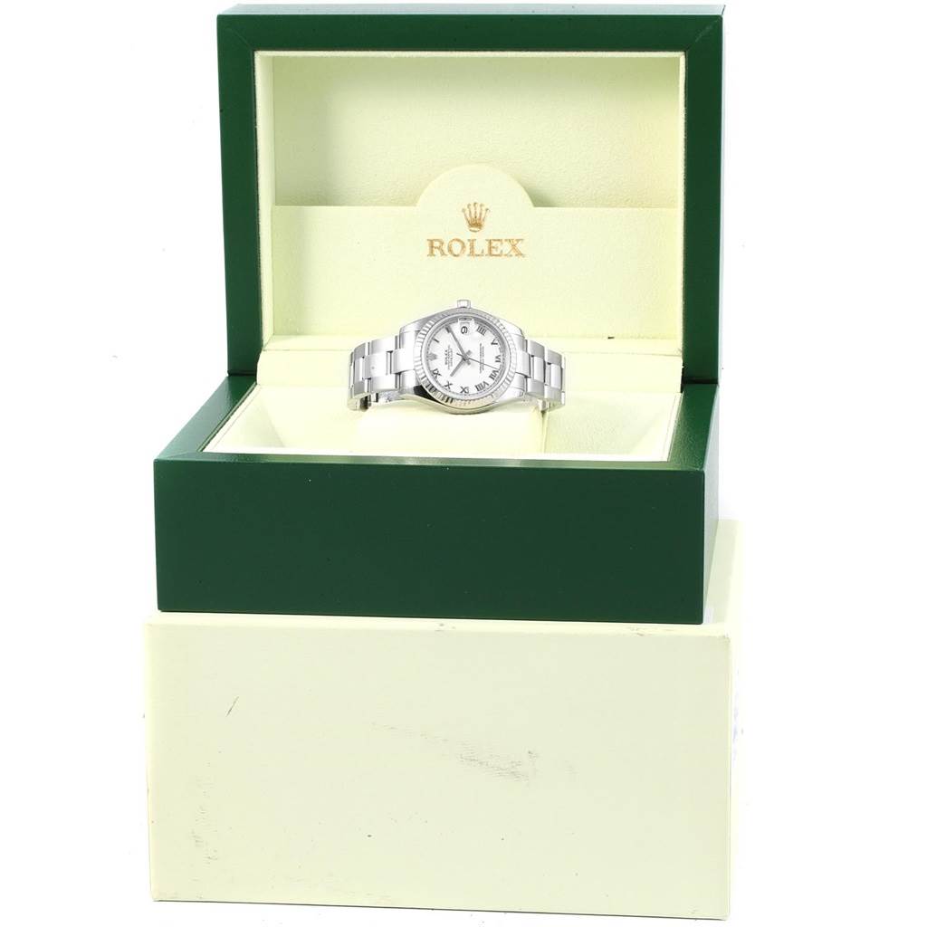 The image shows a Rolex Mid-Size 178274 Men's Stainless Steel White Dial 178274 Men's Stainless Steel White Dial watch displayed in an open green and cream Rolex box.