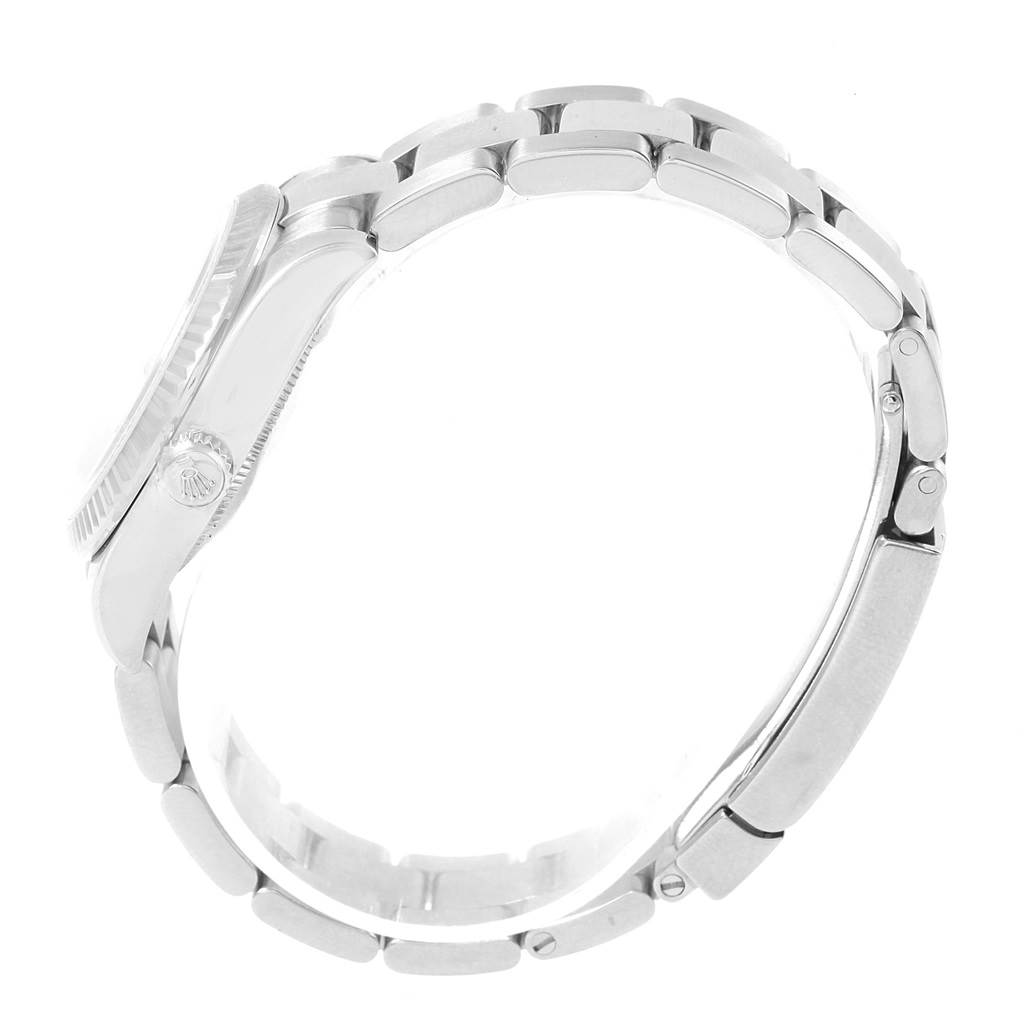 This side view of the Rolex Mid-Size 178274 Men's Stainless Steel White Dial 178274 Men's Stainless Steel White Dial watch highlights the crown, bezel, and bracelet.