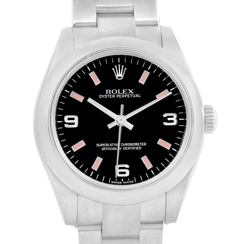 The image shows a frontal view of a Rolex Oyster Perpetual Mid-Size watch, highlighting its dial, bezel, and bracelet.