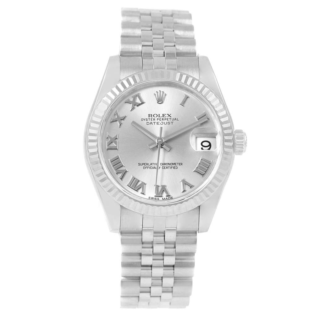 The image shows a front view of the Rolex Mid-Size 178274 Women's Stainless Steel Silver Dial 178274 Women's Stainless Steel Silver Dial Oyster Perpetual Datejust watch, displaying the face, bezel, and part of the bracelet.