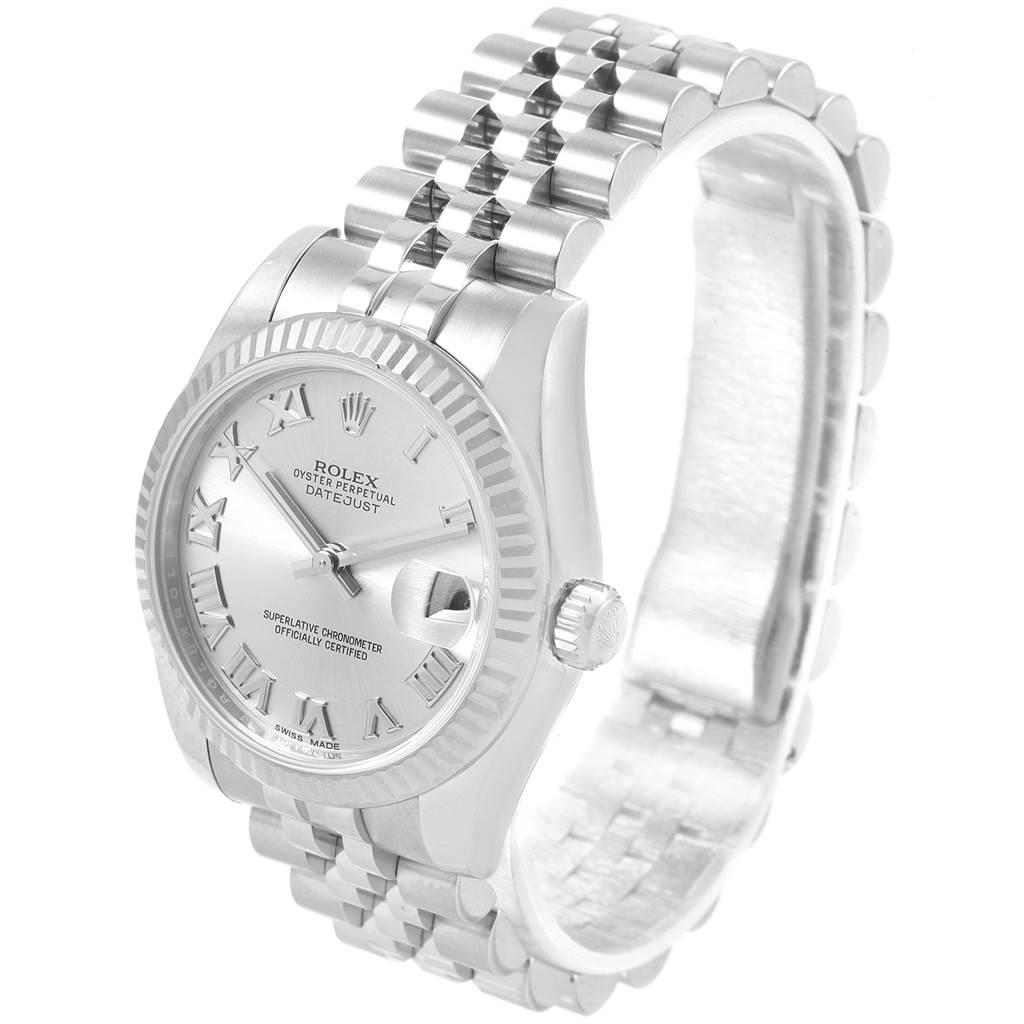 The Rolex Mid-Size 178274 Women's Stainless Steel Silver Dial 178274 Women's Stainless Steel Silver Dial watch is shown at an angle displaying the face, bezel, crown, and bracelet.