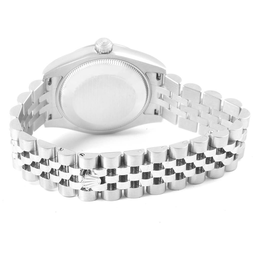 The image shows the back view of a Rolex Mid-Size 178274 Women's Stainless Steel Silver Dial 178274 Women's Stainless Steel Silver Dial model, highlighting the case back and the metal bracelet.