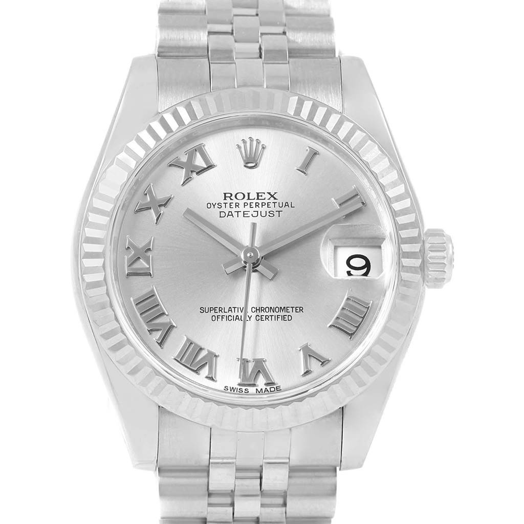 The image shows a front view of a Rolex Oyster Perpetual Datejust Mid-Size watch, highlighting the bezel, dial, bracelet, and date window.